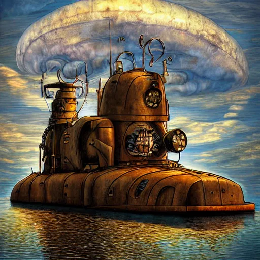 Image similar to steampunk submarine near a dock, digital art, painterly style, epic composition, hd, 4 k, professional, intricate detail