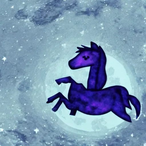 Image similar to A lonely dark-blue unicorn with wings sits on the moon's surface, sitting in the moon dust crying