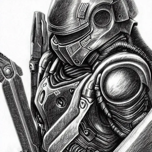 Image similar to a hyper - detailed pencil drawing of doom slayer by kentaro miura,