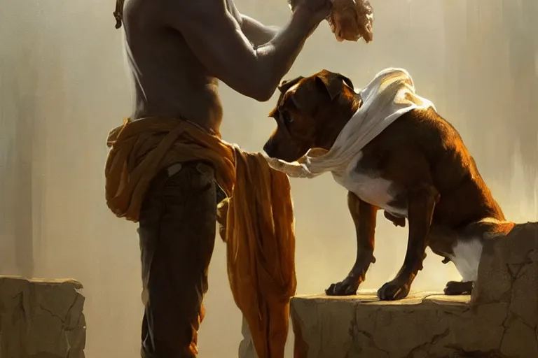 Image similar to a man tied to a pillar and jack russel terrier pissing on him, highly detailed, hyperrealistic digital painting, artstation, concept art, smooth, sharp focus, illustration, cinematic lighting, art by artgerm and greg rutkowski and alphonse mucha