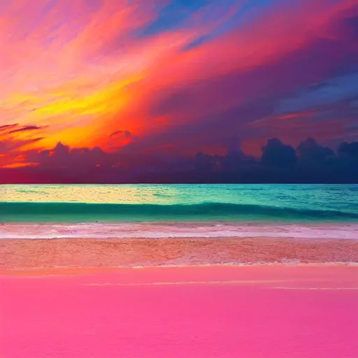 Prompt: Photo of the middle of the ocean, tiny islands made of sand and sandbars, a couple of palm trees, sunset, pink clouds, dreamy, enchanting, ultrarealistic