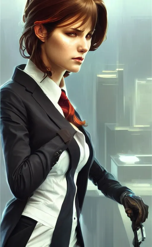 Image similar to Female in office suit, sci-fi, highly detailed, digital painting, artstation, concept art, smooth, sharp focus, illustration, art by artgerm and greg rutkowski and alphonse mucha