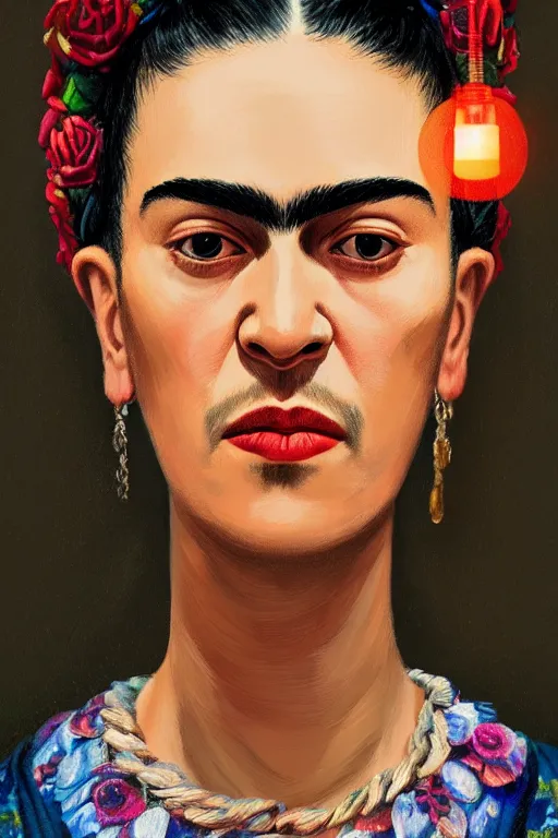 Image similar to portrait of frida kahlo with hoodie, intricate, elegant, glowing lights, highly detailed, digital painting, artstation, sharp focus, illustration, art by wlop, mars ravelo and greg rutkowski