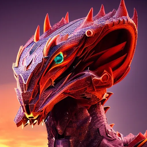 Prompt: stunning headshot of a beautiful anthropomorphic robot female dragon, with smooth and streamlined armor, posing elegantly, well detailed dragon head with epic detailed LED eyes maw, sharp and dangerous sleek design, two arms, beautiful digital art, artstation, DeviantArt, FurAffinity, professional, depth of field, close-up, hd, octane render, sunset lighting