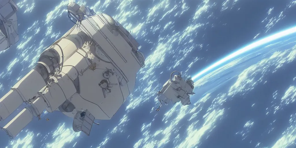 Image similar to a spacecraft moving towards earth by moebius and makoto shinkai, cinematic composition, wide shot