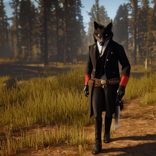 Image similar to anthropomorphic black fox, dressed as a rich man, in game screenshot of red dead redemption 2