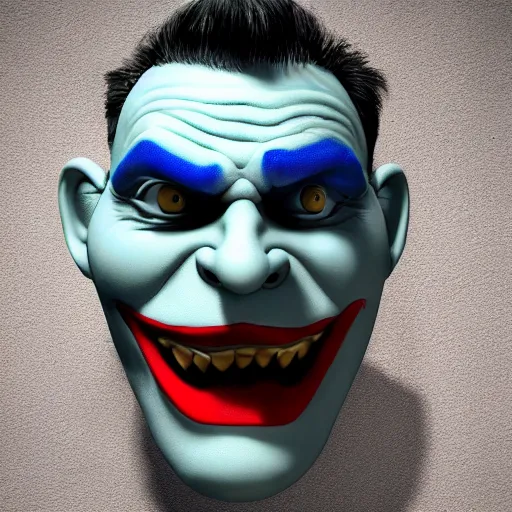 Image similar to 3 d render of a photorealistic human troll face with joker makeup wearing a suede leather jacket blue jeans, 8 k, very detailed, very intricate, white background,