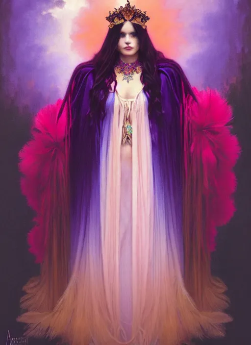 Image similar to ombre velvet gown, feathers, vivid colors, lovely dark autumn princess, portrait, long hair, tiara, jeweled choker, by alphonse mucha, brom, greg rutkowski, anato finnstark, global illumination, radiant light