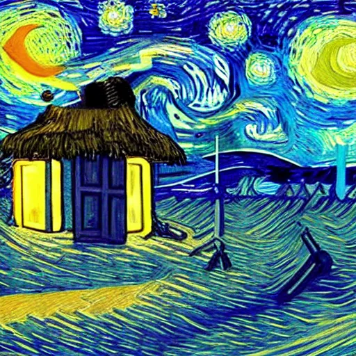 Image similar to tiki huts on beach in the style of starry night by Van Gogh