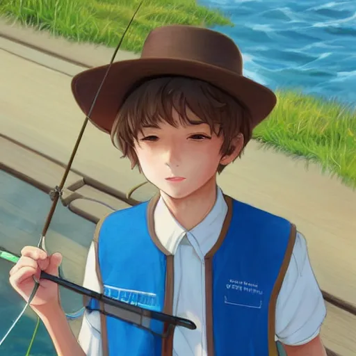 Prompt: a beautiful portrait of a young boy with short brown hair wearing a sun hat while fishing in the ocean from a dock, wearing a blue jumpsuit and fishing vest, high detailed, anime style, pixiv, artstation, Bukurote and krenz cushart and Ryota-H