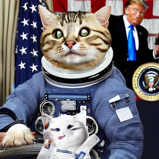 Image similar to cat astronaut shakes the hands with trump