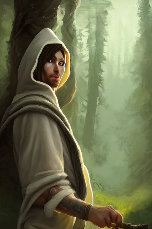 Image similar to beautiful, digital art, portrait painting of a male elf wizard, wearing linen hooded cloth. forest background. artstation, by bartek fedyczak, erak note, tooth wu, neil richards, kan liu, siwoo kim, jisu choe