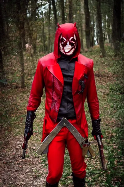 Image similar to red hood cosplay, creepy, disturbing, bloody