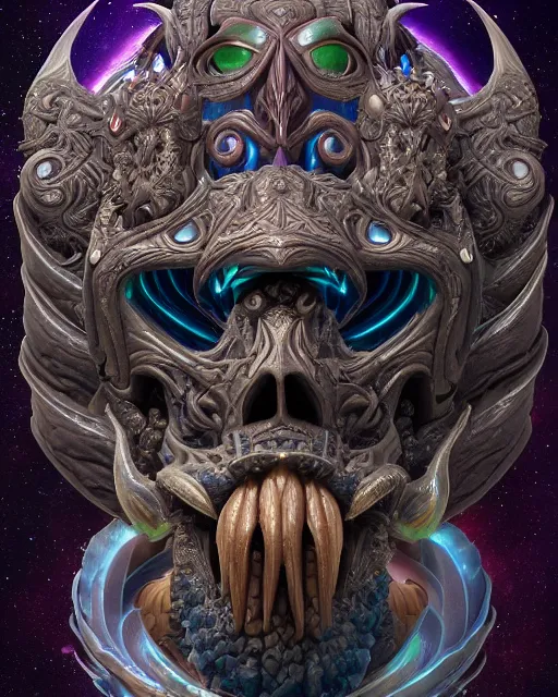 Image similar to 3 d ornate carved dark cosmic warrior with profile portrait, sigma 5 0 0 mm f / 5. beautiful intricate highly detailed quetzalcoatl skull. bioluminescent, plasma, lava, ice, water, wind, creature, thunderstorm! artwork by tooth wu and wlop and beeple and greg rutkowski, 8 k trending on artstation