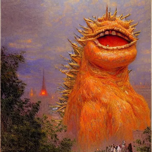 Prompt: monumental hyperrealism, post - impressionism by gaston bussiere. a beautiful drawing of a large, orange monster looming over a cityscape. the monster has several eyes & mouths, & its body is covered in spikes. it seems to be coming towards the viewer, who is looking up at it in fear.