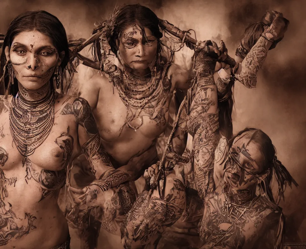 Prompt: portrait of a tattooed indian tribal woman being flogged by some britisher, ultra realistic photography, intricate details, eerie, highly detailed, photorealistic, octane render, 8 k, unreal engine