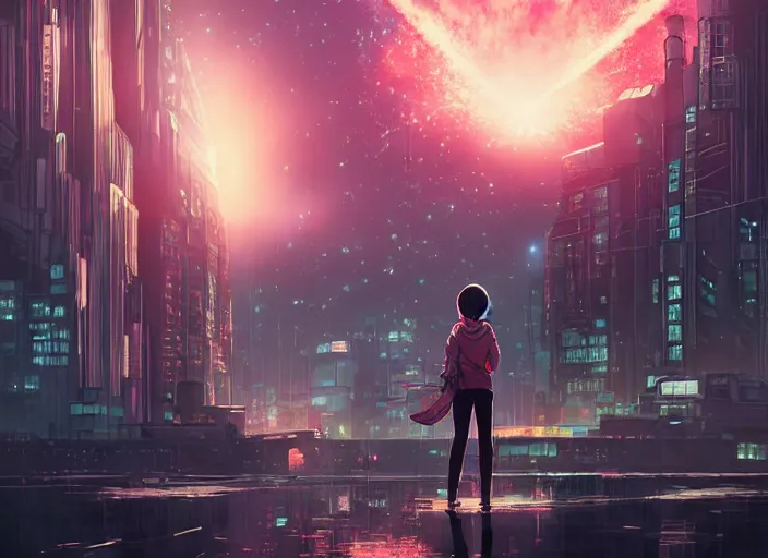 Image similar to girl staring at a meteorite hitting a floating cyberpunk city at night by wlop, key visual, high detail, digital art