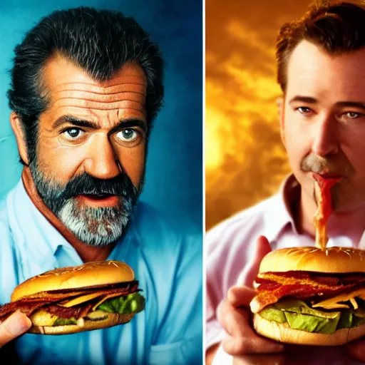 Prompt: portrait photography of Mel Gibson eating a giant hamburger, extra ketchup and mustard with overflowing bacon lettuce and tomato, cinematic lighting, highly detailed, ethereal, D&D, hearthstone, digital painting, artstation, concept art, smooth, sharp focus, illustration, art by Terry Moore and Greg Rutkowski and Alphonse Mucha