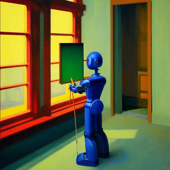 Prompt: beautiful illustration of a robot painting an artwork on a canvas with a paintbrush by Edward Hopper, clean lines, very detailed, colorful octane render