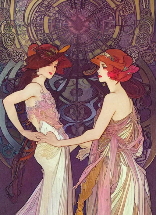 Prompt: dreamlike amidens in gowns smooth sharp focus illustration by rossdraws, alphonse mucha frank fanzzeta