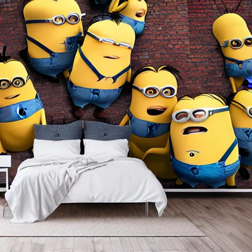 Image similar to a cozy bedroom interior with wall murals of giant minions, detailed, high resolution, wow!, intricate, volumetric lighting, raytracing