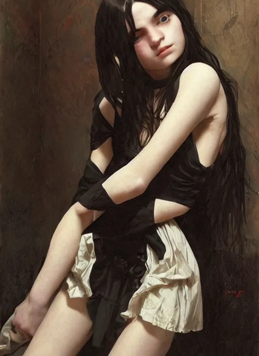 Prompt: a 1 6 year old girl eveline from resident evil 7 with straight long black hair wearing black dress that sitting on bathroom floor, photo for vogue, model エリサヘス s from acquamodels, art by artgem, greg rutkowski and alphonse mucha