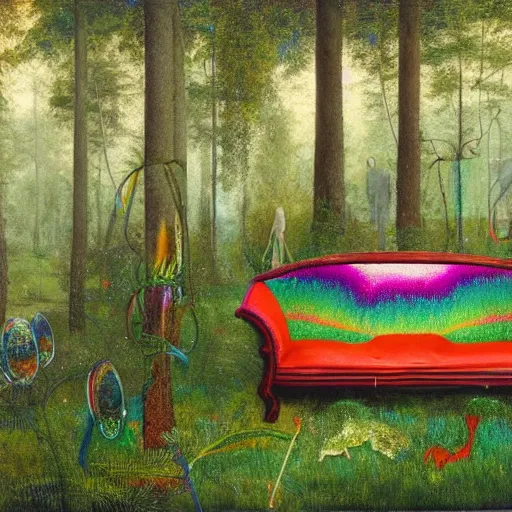 Image similar to psychedelic couch sofa in the lush pine forest, milky way, moose antlers, designed by arnold bocklin, jules bastien - lepage, tarsila do amaral, wayne barlowe and gustave baumann, cheval michael, trending on artstation, star, sharp focus, colorful refracted sparkles and lines, soft light, 8 k 4 k