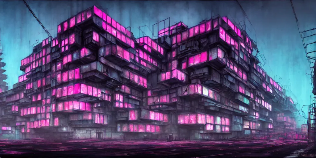 Image similar to concept art, octane render, a brooding, decrepit dystopian city, reflections, volumetric neon lighting, dramatic, cyan magenta white neon glow, 8 k, ultra - hd, insanely detailed and intricate, hypermaximalist, brutalist habitat 6 7, elegant, ornate, by gerald brom, by syd mead, akihiko yoshida, doug chiang, cinematic
