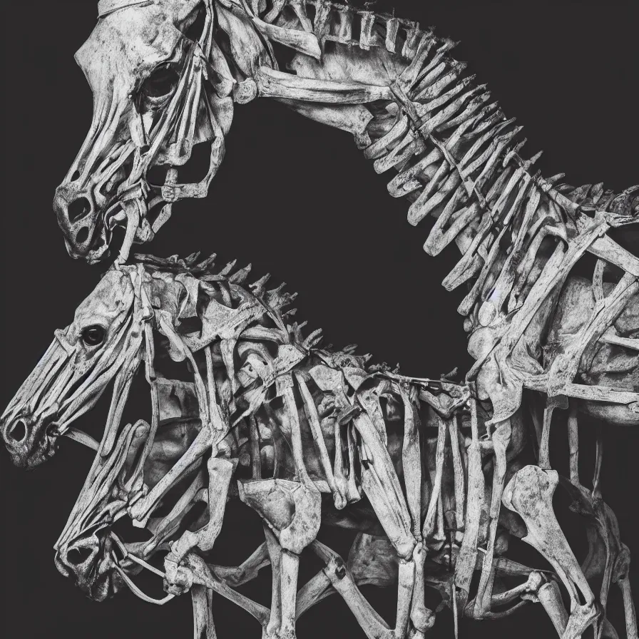 Image similar to skeleton of a horse in a dark veil, dark and mysterious, stopped in time, atmospheric, ominous, eerie, cinematic, epic, 8 k, 4 k, ultra detail, ultra realistic