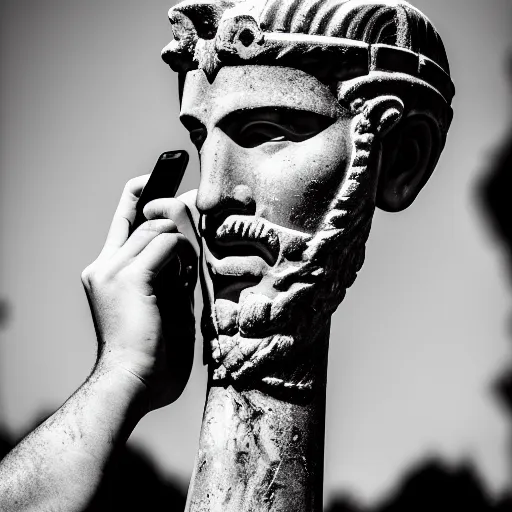 Prompt: photography portrait of a spartan holding a cell phone, ancient greece, leica 1 0 0 mm f 0. 8