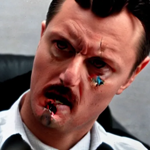 Image similar to Igor Ghirkin Strelkov as The American Psycho doing the Bateman stare, cinematic still