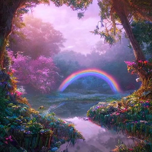 Prompt: the beautiful, grand, wistful, dreamy, vaporwave aesthetic landscape of a hidden forest, hyperrealistic photograph by kim jung gi, rainbow colored, extremely detailed, intricate linework, sharp focus, bright colors, octopath traveler, unreal engine 5 highly rendered, global illumination, radiant light, detailed and intricate environment