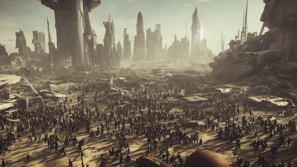 Prompt: low angle shot of a horde of people next to a spaceship launch in a huge post-apocalyptic city, rich contrast, spaceships flying in background, hyperrealistic, Cryengine 8k UHD