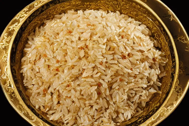 Image similar to an ornate golden bowl of rice, side-view, highly detailed photograph