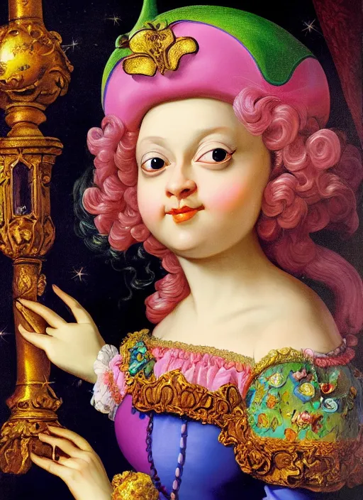 Prompt: baroque rococo painting Royal Fancy Gnome Hildebrandt Lisa Frank high detail cute adorable whimsical up close