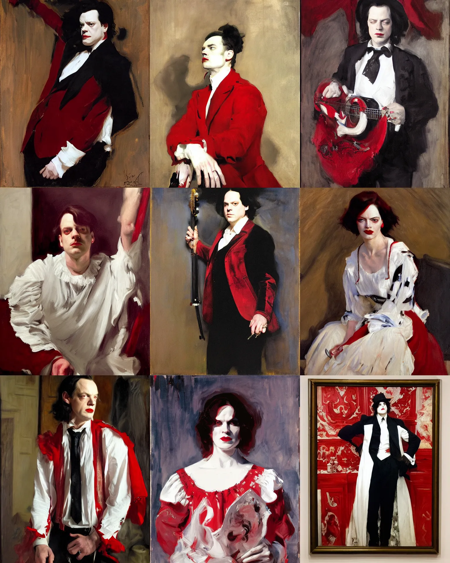 Prompt: jack white red and white, portrait painting by john singer sargent, donato giancola, mead schaeffer, frans hals, fashion photography