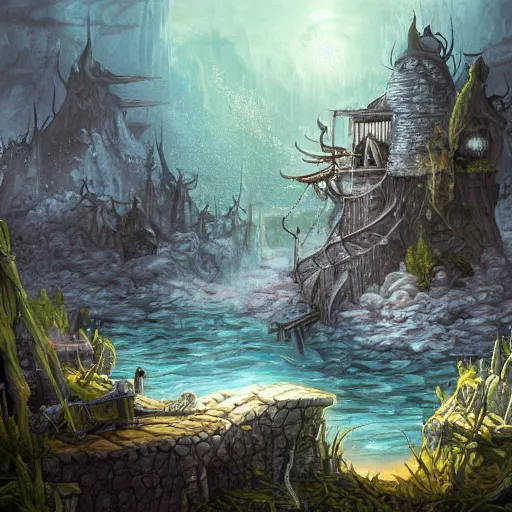 Image similar to drowned bandit lair, fantasy art