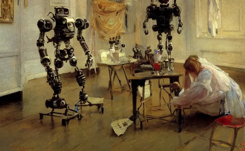 Image similar to high quality high detail painting by ilya repin, robots taking over the house, hd