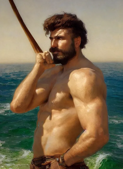 Image similar to detailed cinematic wide shot of muscular attractive young egyptian man beard slim face symmetrical face tanskin green eyes white hair wearing sea clothes, ultra realistic, spring light, painting by gaston bussiere, craig mullins, j. c. leyendecker