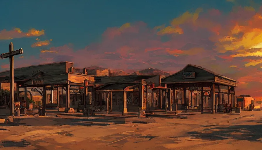 Prompt: train station roadside old west saloon cactus tombstones sunset sky clouds illustration by syd mead artstation 4 k 8 k graphic novel concept art matte painting