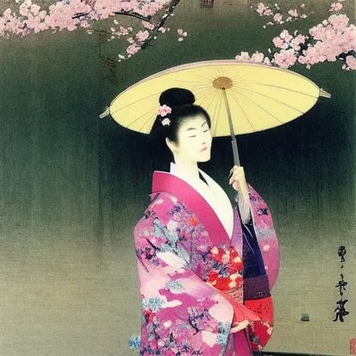 Prompt: A beautiful conceptual art of a young woman in a traditional kimono, with a background of sakura blossoms. by Giuseppe de Nittis rigorous, balmy
