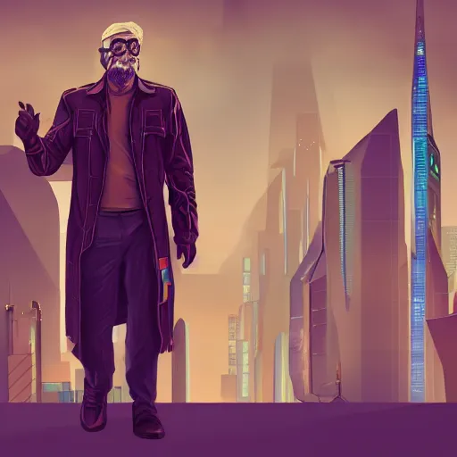 Prompt: cyberpunk john hammond as the leader of a futuristic communist society, cybernetics, sharp lines, digital, artstation, colored in