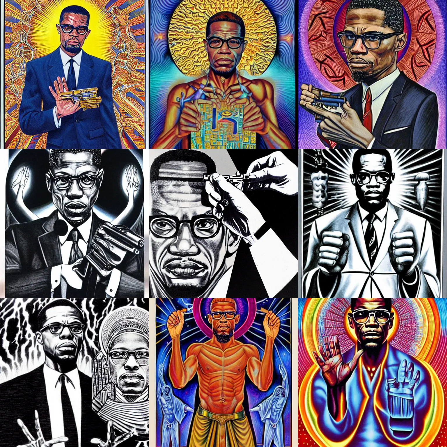 Prompt: Malcolm x holding an uzi painting by alex grey in the style of cosmic christ by alex grey