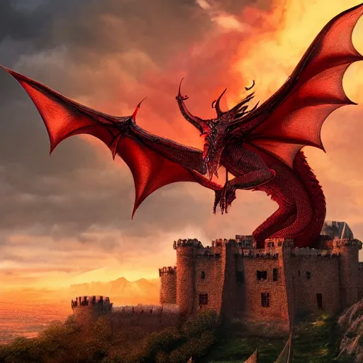 Prompt: a red dragon with a tan stomach, sharp teeth, and horns on a castle breathing fire, hyper realistic, detailed, photorealistic, 4 k