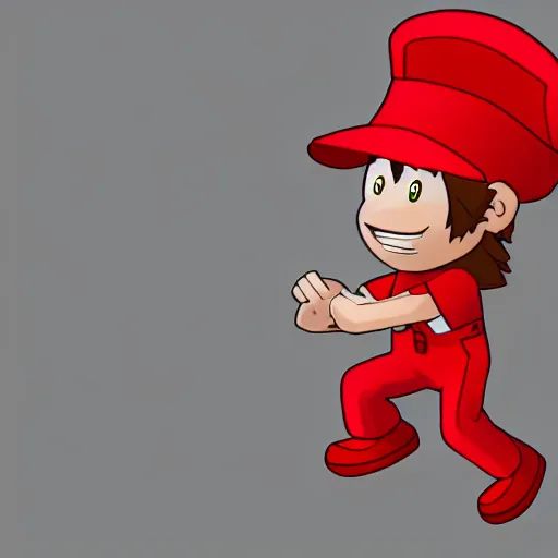 Prompt: Animation walk cycle. sprite character. Male with a red hat and red overalls. 6 frames of animation