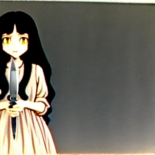 Image similar to 1971 still from a film of a portrait of a morbid 18 year old young woman wearing a dress of the soft aesthetic with wavy long hair, queen of sharp razorblades holds a single small sharp blade or a razor her hand and shows it to the user, by Range Murata, Katsuhiro Otomo, Yoshitaka Amano.