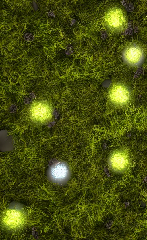 Image similar to the inside of a trash bag decorated with moss and flowers and illuminated by glowing orbs, octane render, abstract, unorthodox, 4k, desktop wallpaper, raytracing