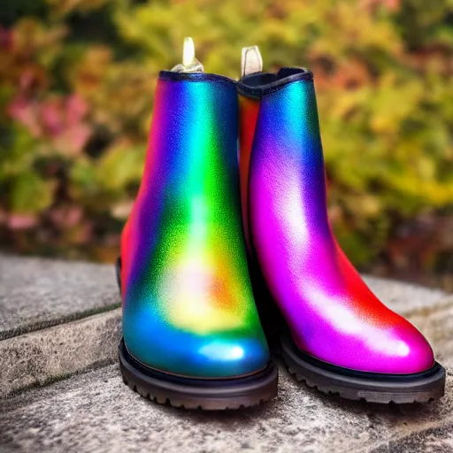 Image similar to stiletto doc Martin boots with rainbow colored polka dots, product photo, detailed, 4k