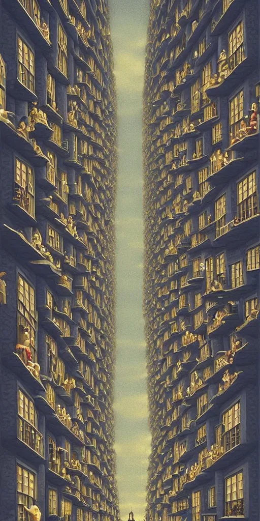 Prompt: A crowded street extending into the night sky, matte painting by Rob Gonsalves, in the style of Salvador Dalí, surrealism, magic realism, optical illusion art