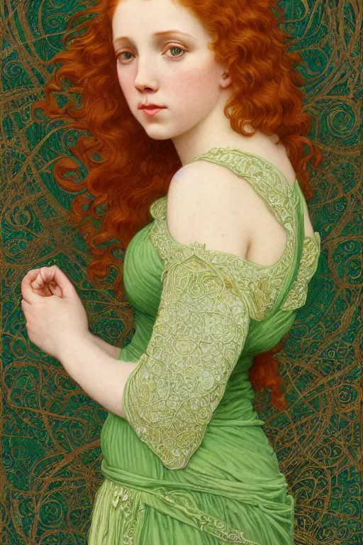 Image similar to intricate art nouveau oil painting of redheaded young millie bobby brown with long hair blowing in the wind, wearing an intricate green lace dress, highly detailed, intricate golden symmetric pattern background, elegant, digital painting, smooth, sharp focus, illustration, ultra realistic, 8 k, by bouguereau, alphonse mucha, artgerm, and donato giancola